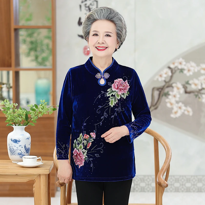 2021 New Women Floral Velour Tops Spring & Autumn Female Embroidery Blouse Female Mandarin Collar Embroidery Floral Tops