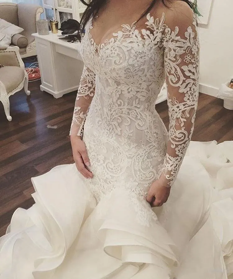 2021 vestidos de casamento com decote em v manga longa rendas apliques vestidos de noiva botão feito sob encomenda volta trem varredura sereia vestido de casamento