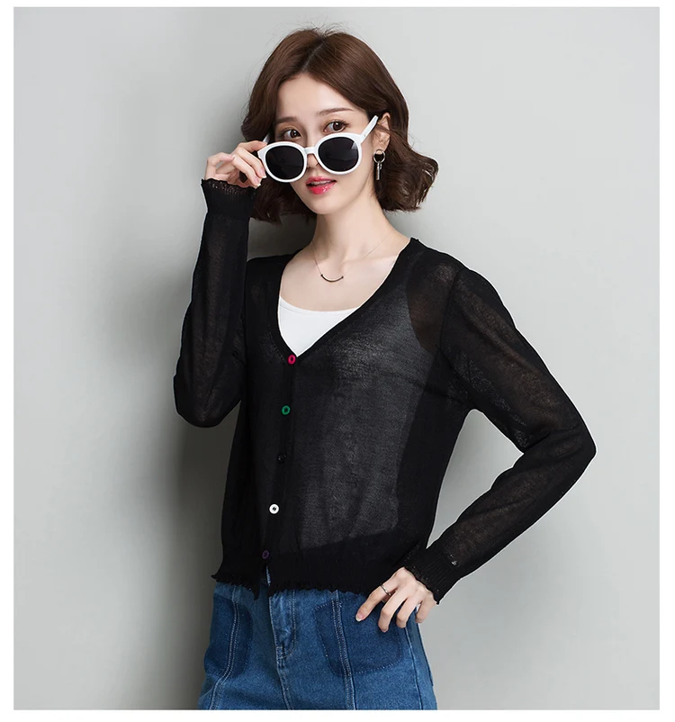 

Women's Cardigan Summer Thin Knitwear Ladies Single Breasted Outwear Elegant See Through Knit Coat Long Sleeved