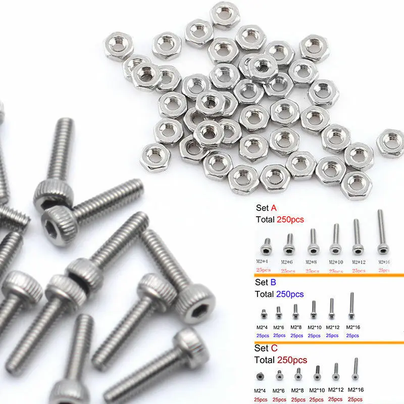 250pcs M2(2mm) A2 Stainless Steel Bolts With Hex Nuts Screws Assortment Kit New