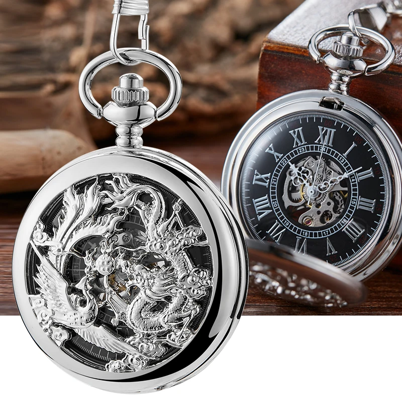 

Dragon Phoenix Mechanical Pocket Watch for Men Women Skeleton Roman Numeral Reloj Flip Fob Chain Pendant Mechanisch zakhorloge