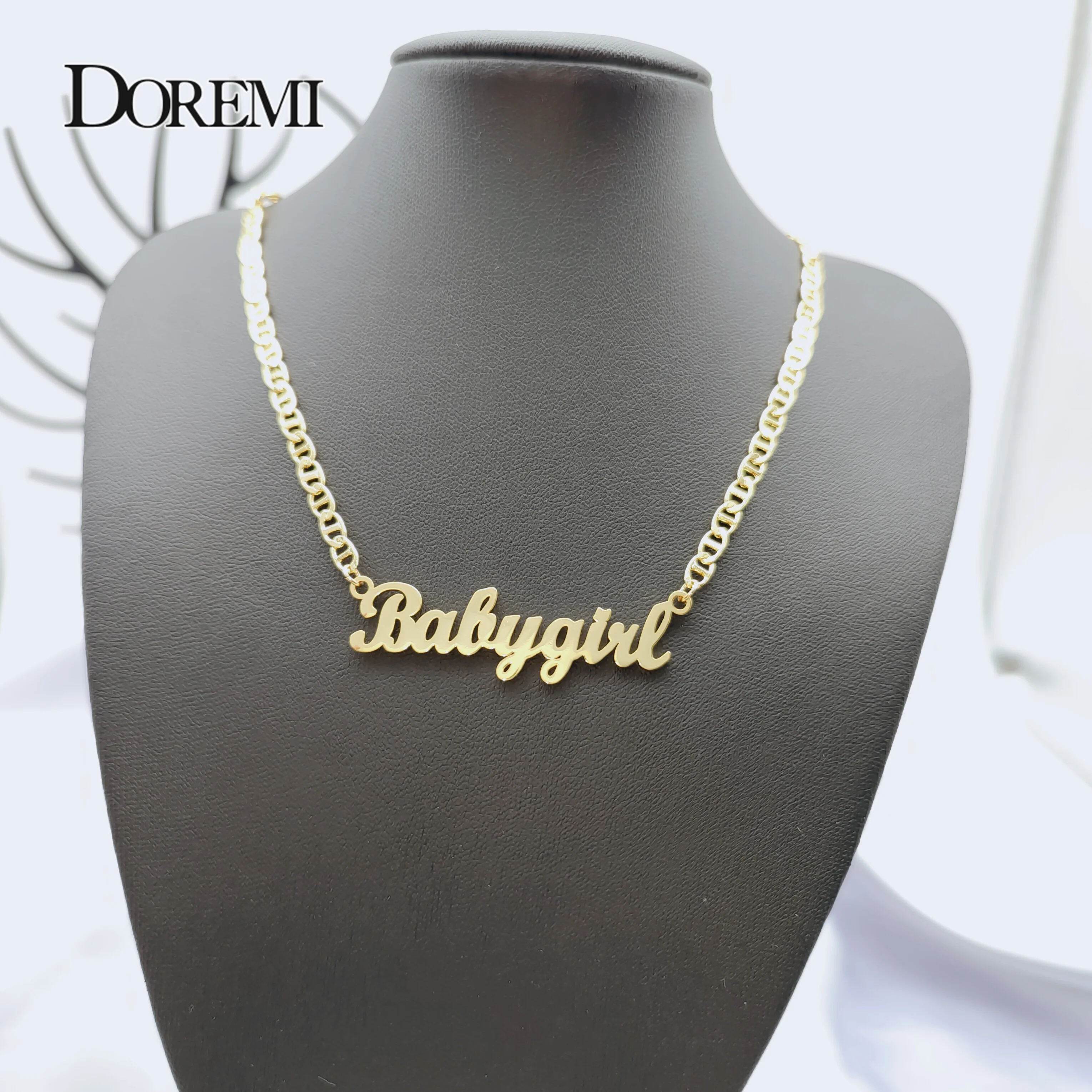 DOREMI Old English Personalized Name Necklace Custom Necklace Flat Chain Stainless Steel Necklace Personalized Letter Necklace