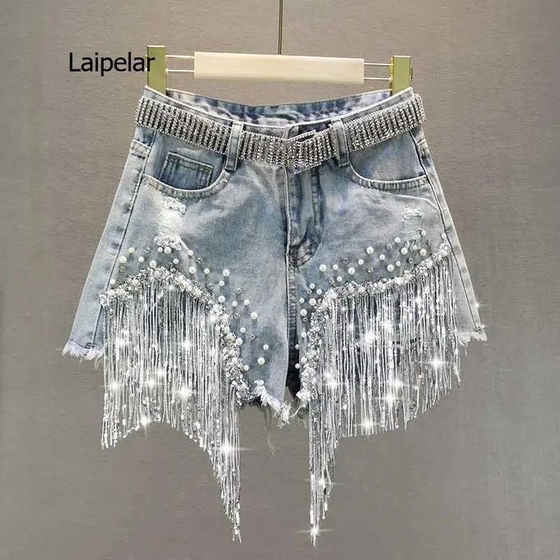 

Female Denim Shorts 2021 Summer Wear New High Waist Slimming Heavy Beaded Sequin Fringed Ripped Wide Leg Pants Jeans Hot Pants