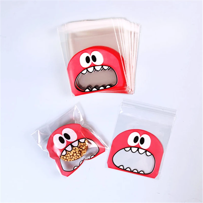 100Pcs Cute Big Teech Mouth Monster Plastic Bag Wedding Birthday Cookie Candy Gift Packaging Bags OPP Self Adhesive Party Favors