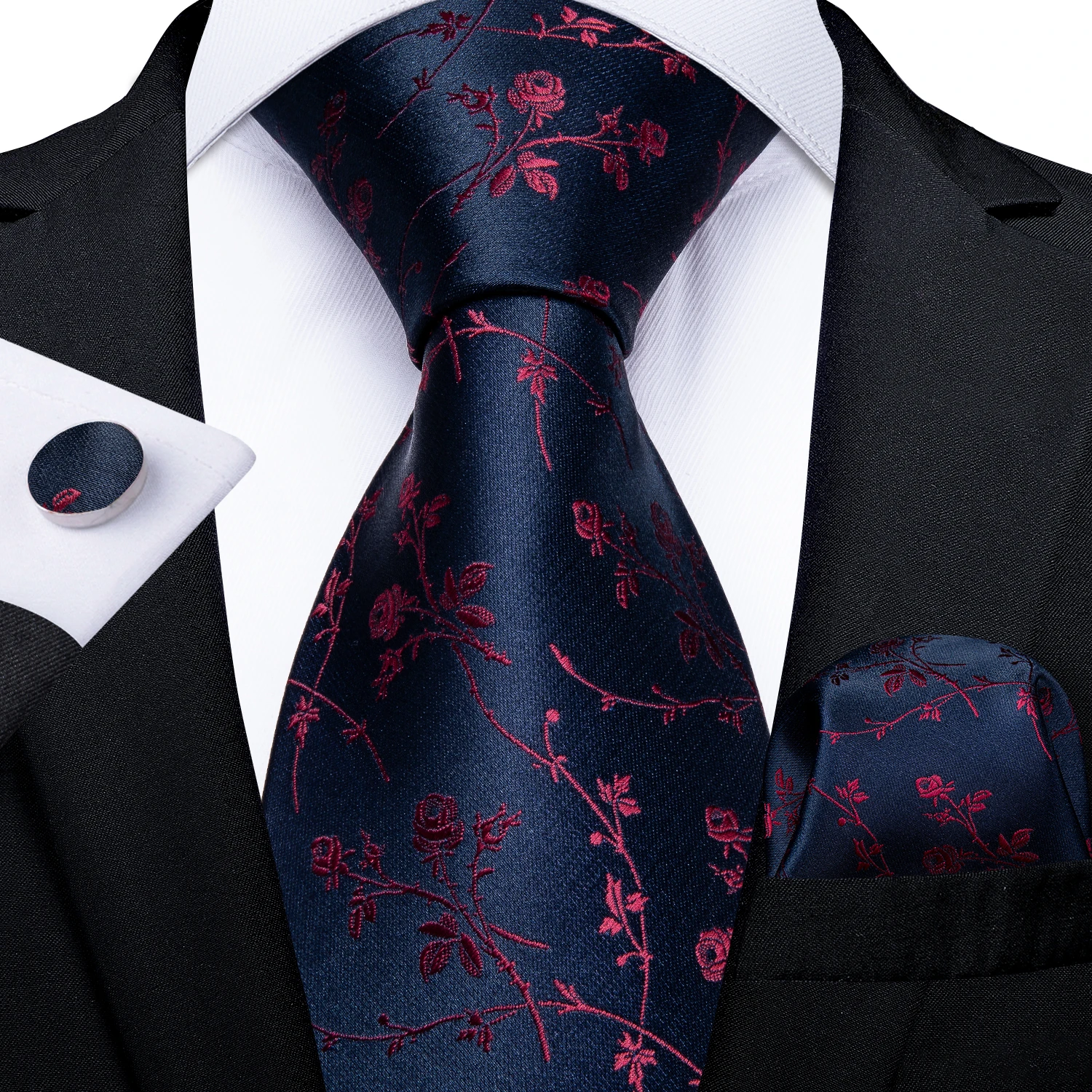 

8cm 100% Silk Men's Ties Fashion Red Floral Blue Necktie Handkerchief Cufflinks Gift For Men Business Wedding Tie Set DiBanGu