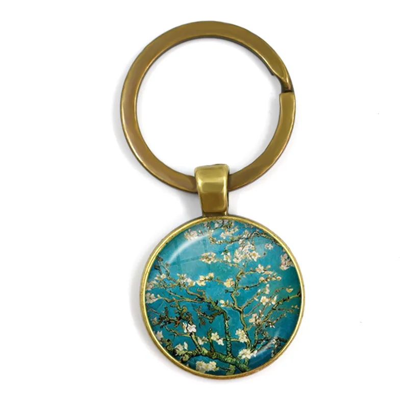 Van Gogh Almond Branch Flowering Art Keychian Sunflowers Art Vintage Bronze Glass Cabochon Key Rings Holder For Women Men Gift