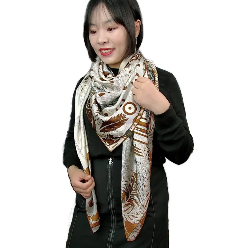 100% Silk Scarf Vintage Square Shawl Wraps Oversized Print Cape Outdoor Sunscreen Party Accessories 140cm