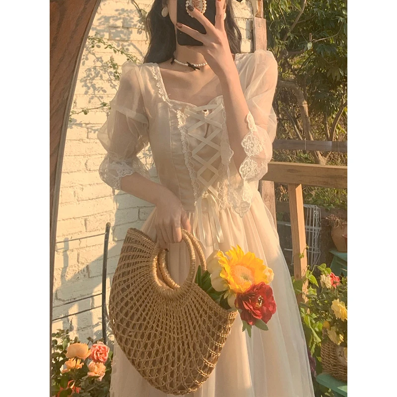 Elegant Dresses For Women Wedding Guest Sexy French Style Fairy Sweet Square Collar Bubble Sleeve Princess Beautiful Girl Party