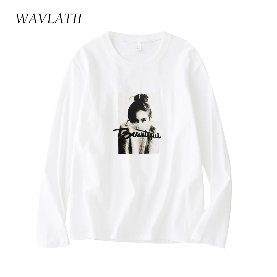 WAVLATII Women New Cotton Long Sleeve Tshirts Lady Print Casual Tees Female Soft Spring Basic Tops WLT2103