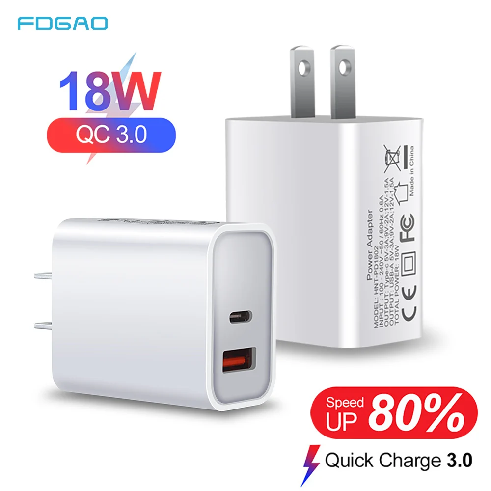 18W PD Type C Quick Charger Adapter For iPhone 14 13 12 11 Pro XR XS 8 Samsung S22 Fast Charging EU US UK Plug Travel Wall Power