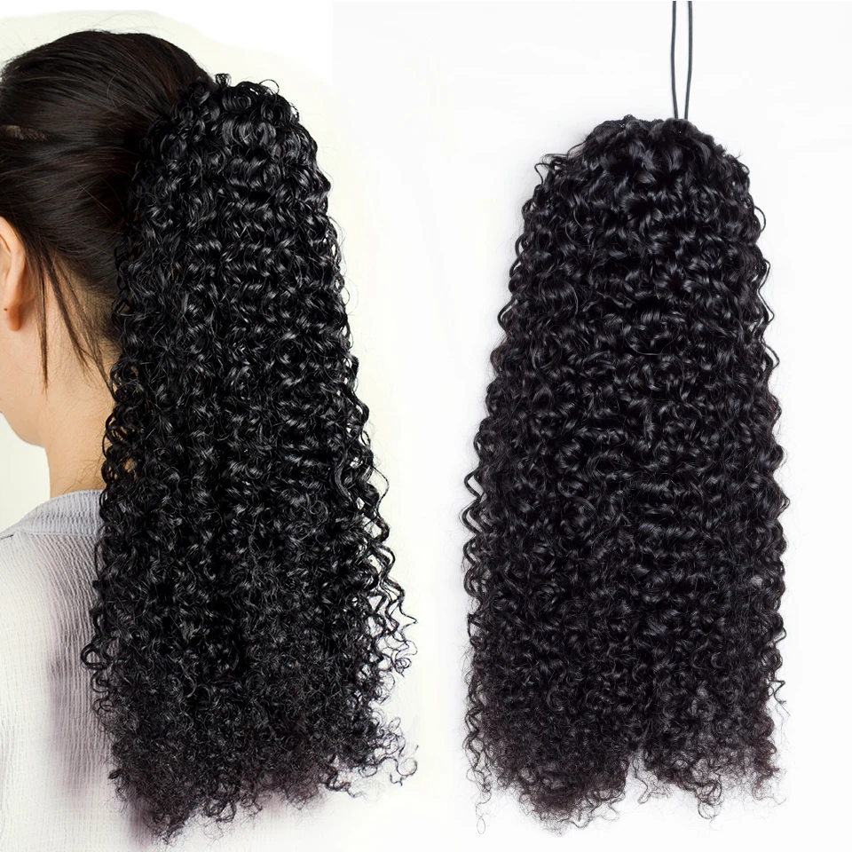 Alibalad-coleta rizada con cordón para mujer negra, extensiones de cabello humano brasileño Afro con Clip, Remy, 150g, 4 peines