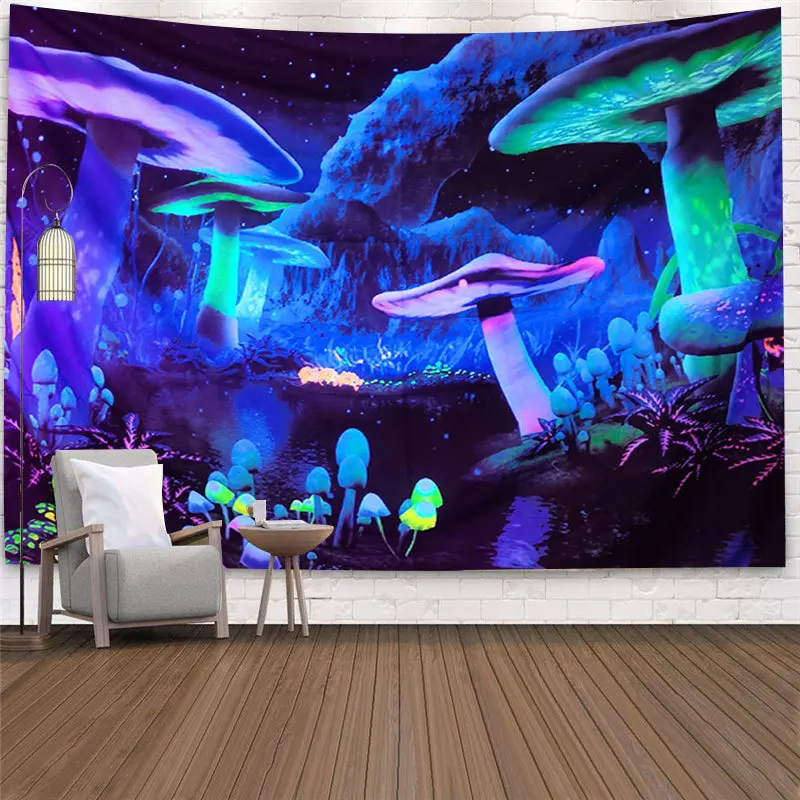 Mushroom Fluorescent Tapestry Wall Hanging Cloth Bedroom Decor Psychedelic Art Glow Under Ultraviolet Light Luminous Tapestry