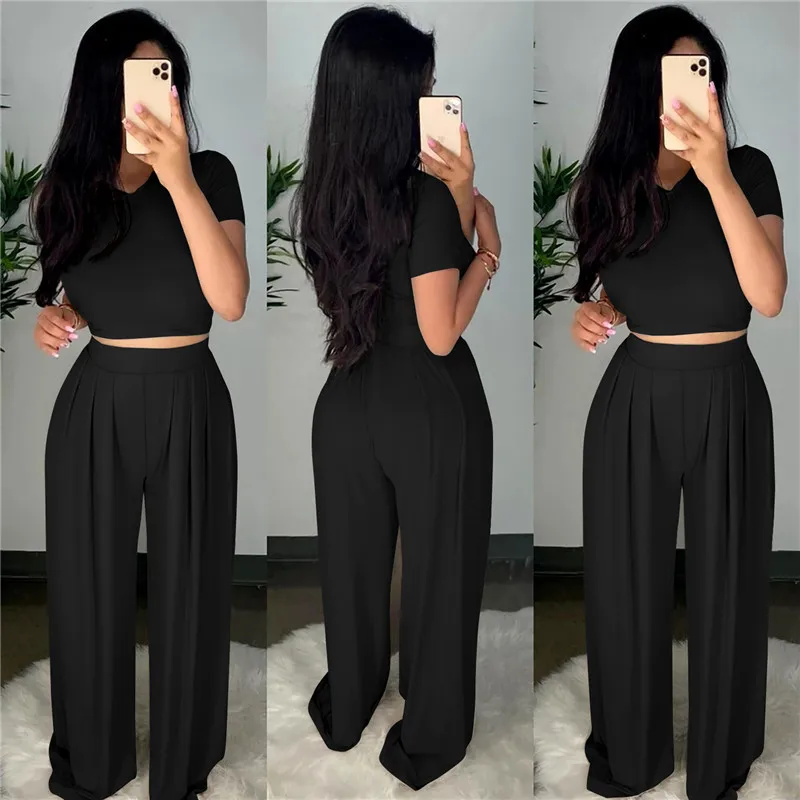 Wholesale Dropshpping High Quality New Women Two-piece Sets Solid Color Tight Casual Sets Tight Top + Wide Leg Pants Elasticity