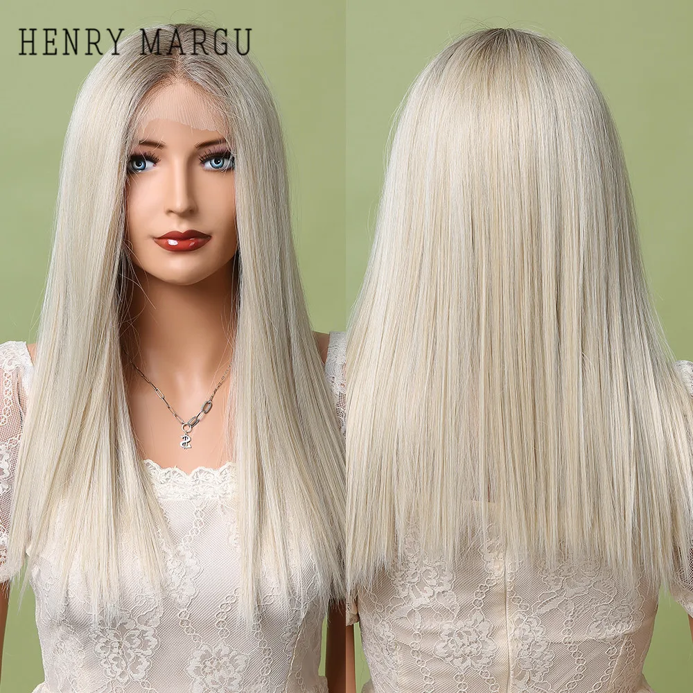 

HENRY MARGU Long Straight Synthetic Lace Front Wig Ombre Ash White Blonde T-Part Lace Wig for Women Cosplay Heat Resistant Hair