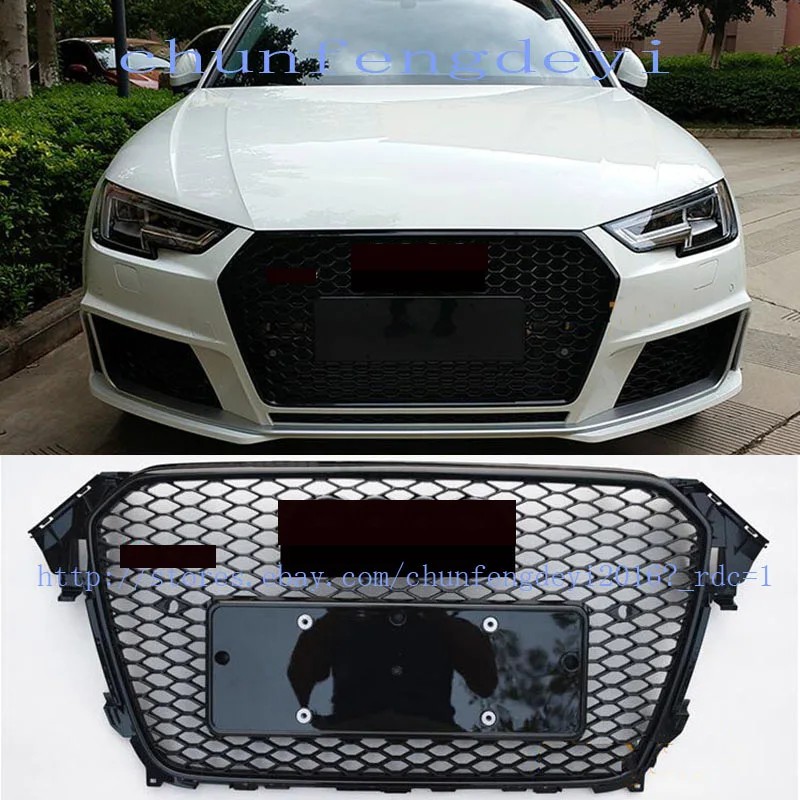 RS4 style Honeycomb Grill Black Grille Chrome Rings Fit For Audi B8.5 A4 S4 2013 13 2014 14 2015 15 2016 16