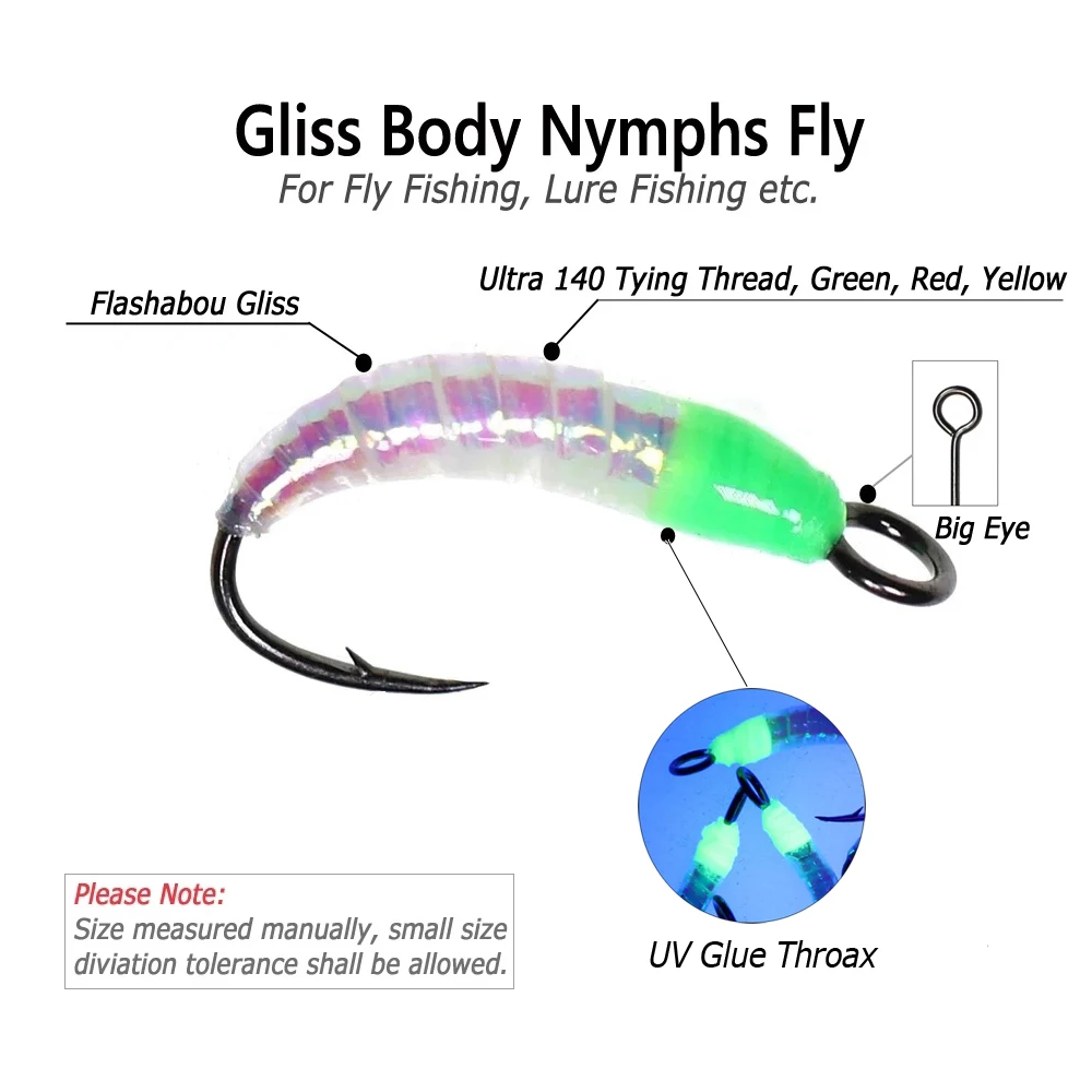 Bimoo 6PCS Size #8~ #18 Flash Gliss Body Nymph Fly Larvae Trout Fishing Flies Bait Lure with Big Eye Hook Artificial Bait Green