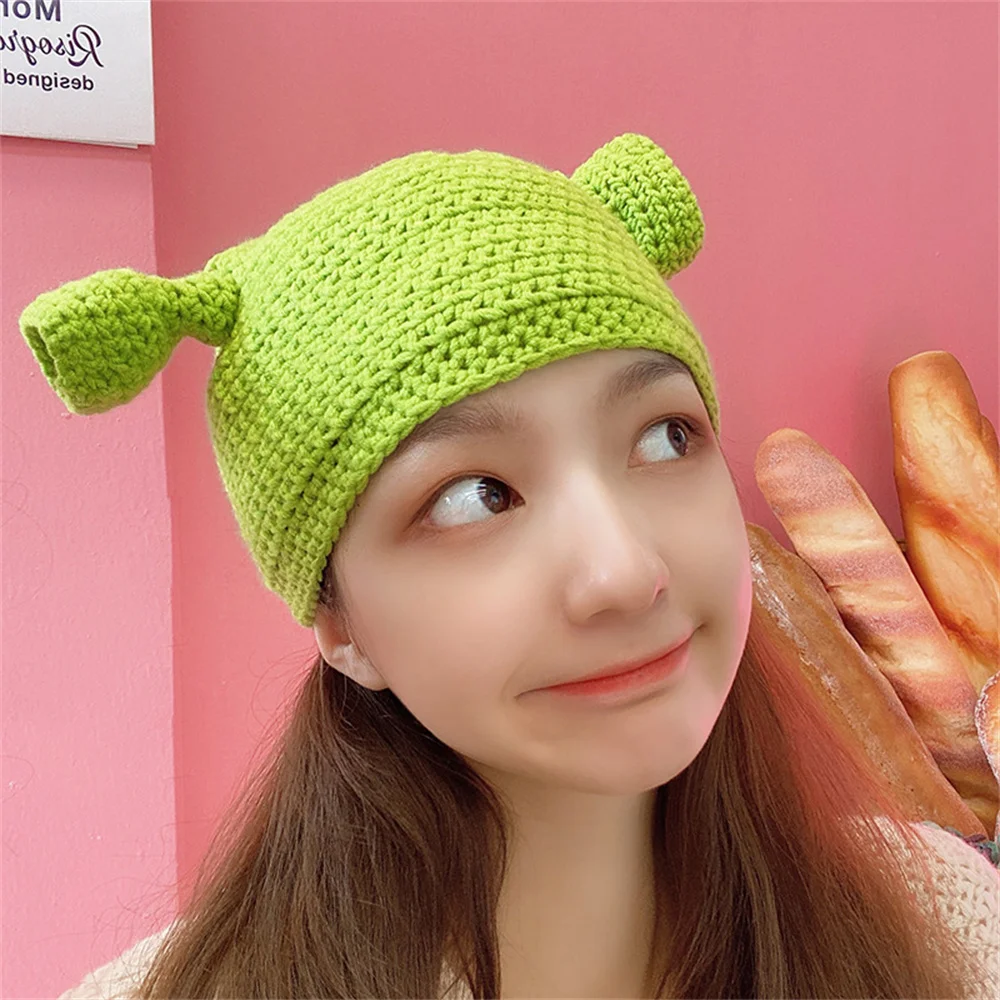 Funny Winter Knitted Hats Unisex Balaclava Monster Shrek Hat Wool Green Party Beanie Skullies Cap for Women Men Christmas Caps