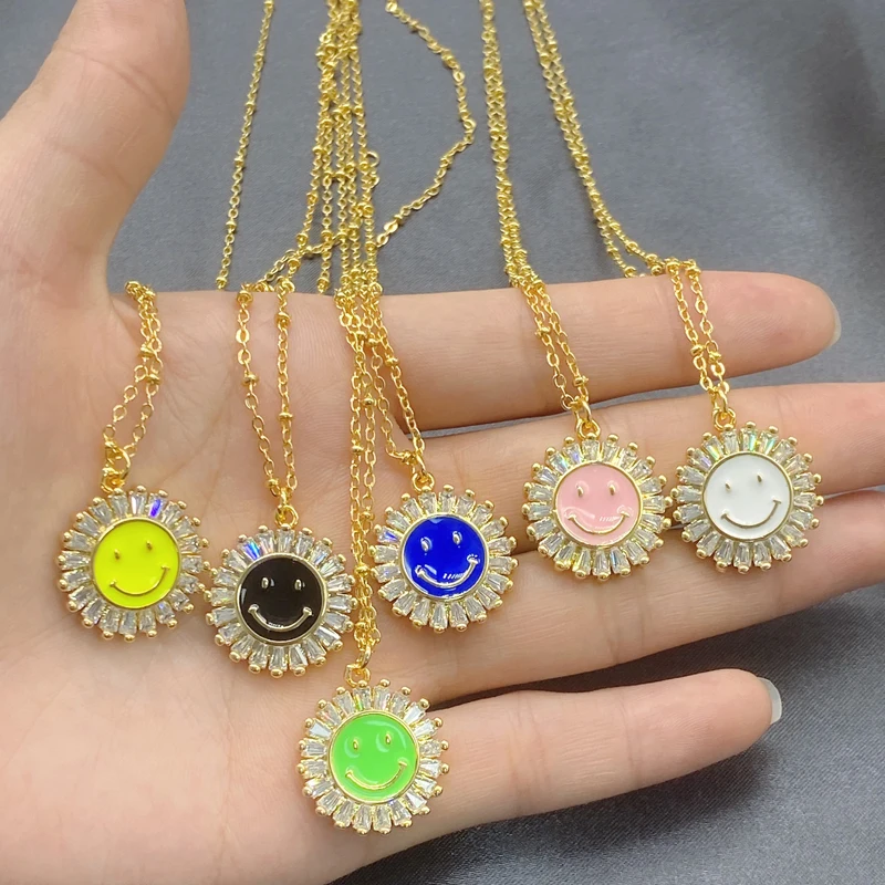 5PCs/lot O-Shape Chain Round Rhinestone Round Enamel Happy Smile Face Necklace