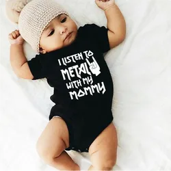 I Listen to Metal with My Mommy Funny Letters Print Newborn Baby Bodysuit Short Sleeve Body Baby Boy Girl Onesie Romper Clothes