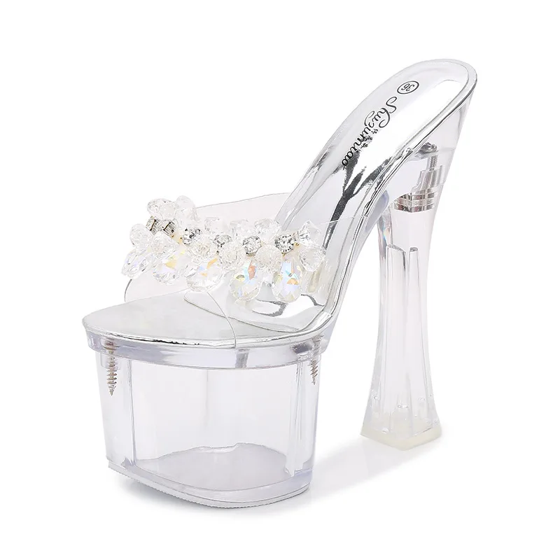 17.5CM Ultra High Heel Summer Women Shoes Transparent Platform Ladies Open Toe Sandals PVC Clear Glass Bead Wedding Office Pumps