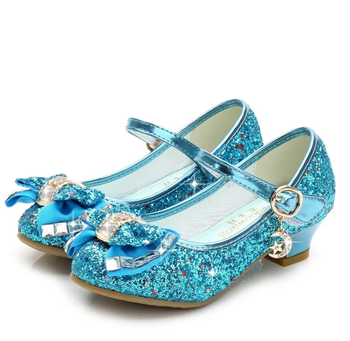 

2024 Princess Kids Leather Shoes for Girls Flower Casual Glitter Children High Heel Girls Shoes Butterfly Knot Blue Pink Silver