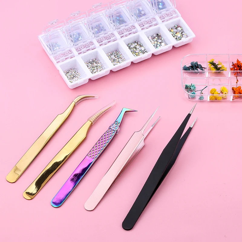 TOP quality Stainless Steel Tweezers rainbow color Straight Bend ESD Multifunction eyelash tweezers for nail sewing DIY