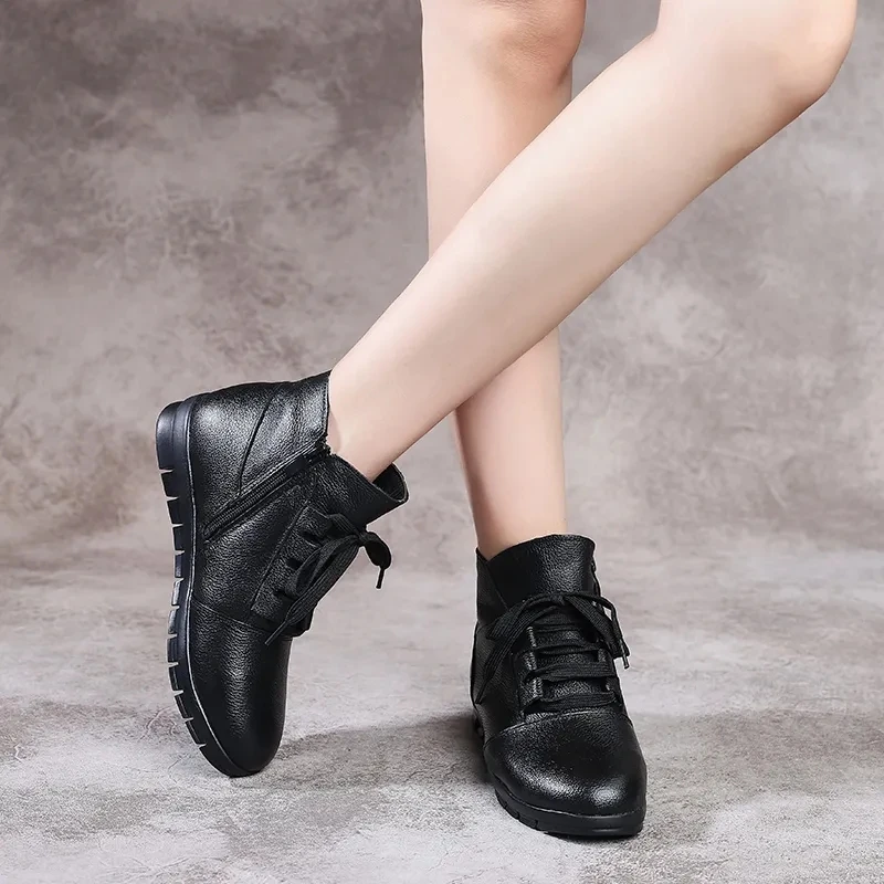 Black Boots Women Moccasins Size 43 Leather Ankle Boots Ladies Casual Winter Warm Plush Womens Luxury Non-slip Ballerina Shoes