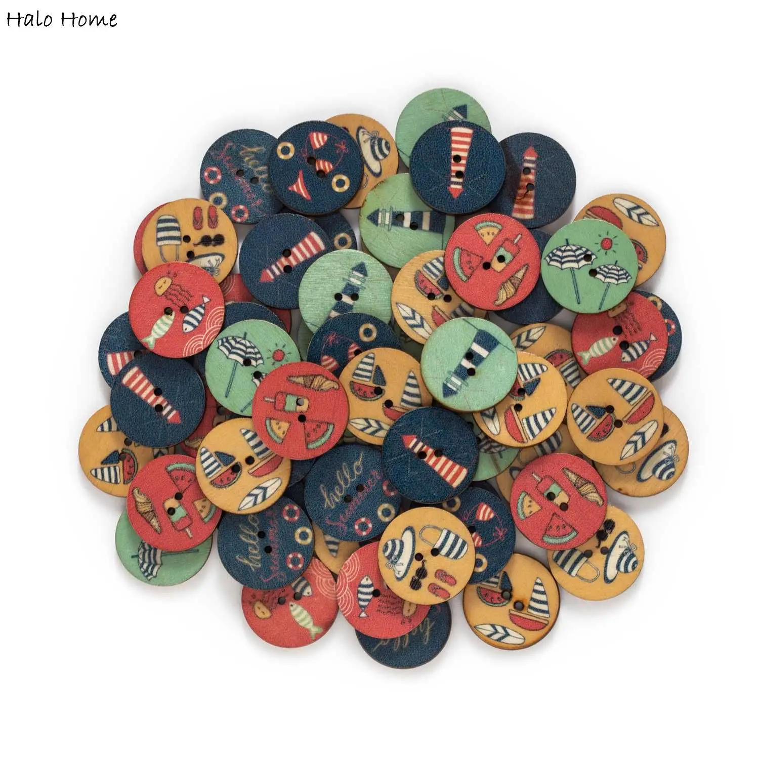 50pcs Round Mixed Vacation Travel Theme Print Wooden Button Handwork Sewing Scrapbooking Clothing Crafts Gift Card 15-25mm