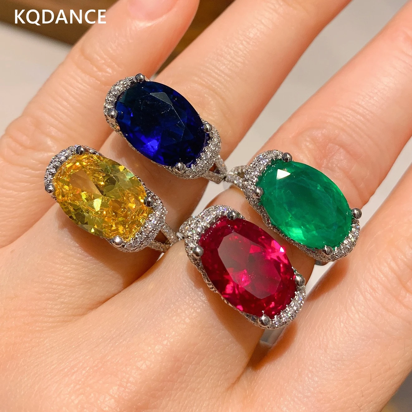 

KQDANCE Created Citrine emerald Ruby Gemstones diamond Ring With big green red Yellow Zircon stone Jewelry For woman Wholesale