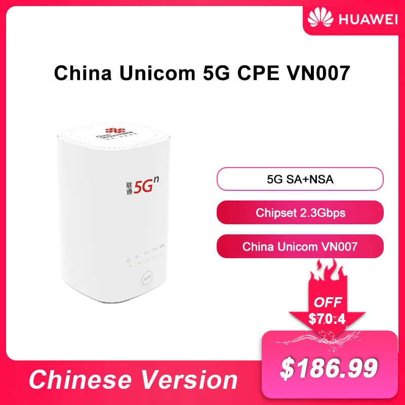 

China Unicom 5G CPE VN007+ 2.3Gbps SIM Slot Router Mesh Wifi Repeater Extender 5G NSA/SA NR N1/N3/N8/N20/N21/N77/N78/N79 4G LTE