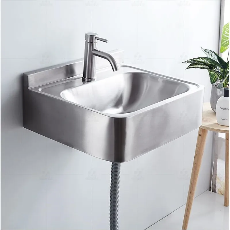 bathroom wall mounted 304 Stainless steel  sqaure basin with faucet set 304 Stainless steel pop up and plumbing hose set