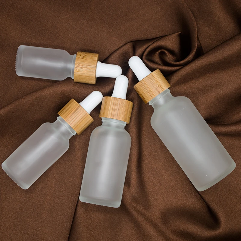 5pcs/lot 5ml 10ml 15ml 20ml 30ml 50ml 100ml Bamboo Cap Essential Oil Frosted Glass Dropper Bottle