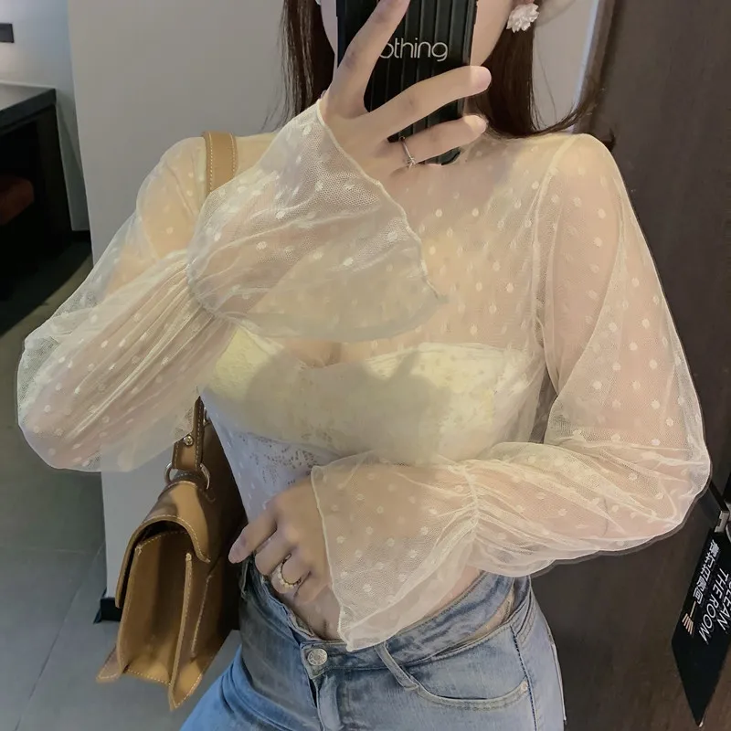 Polka Dot Sexy Sheer Mesh Top Women Spring Autumn Turtleneck Flare Sleeve Lace Blouse Korean Elegant Ladies Black White Top