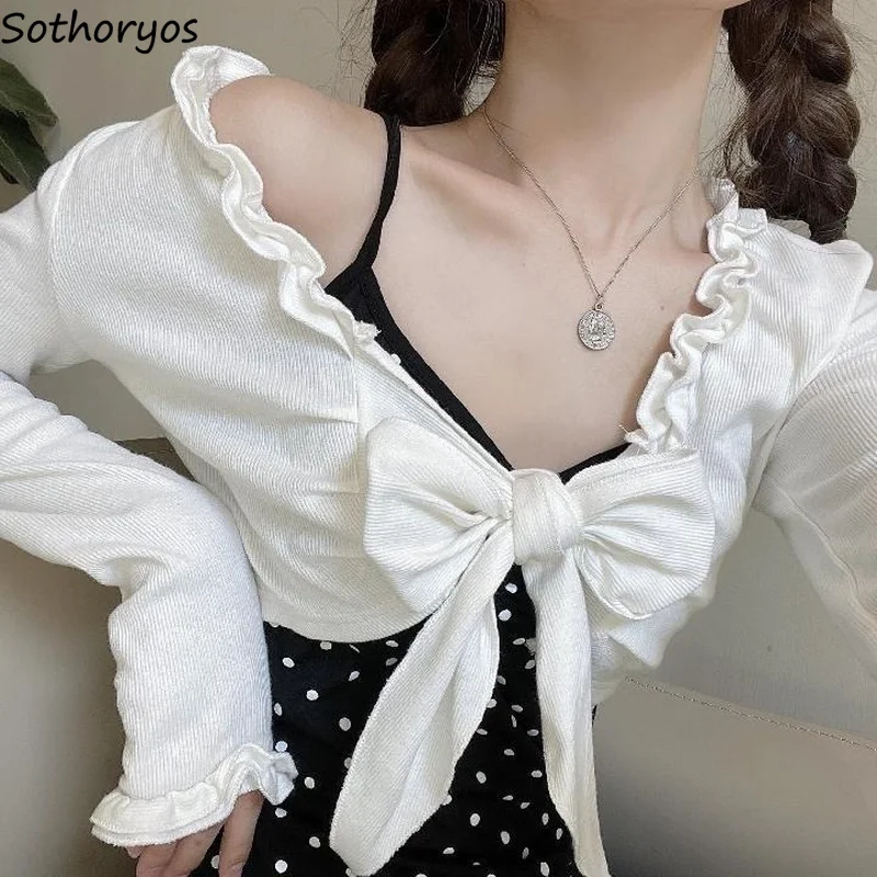 Women White Shrugs Long Sleeve Knitted Bow Elegant Female Outwear Sun-proof Bolero Fashion Korean Style All-match Tops Mujer Ins