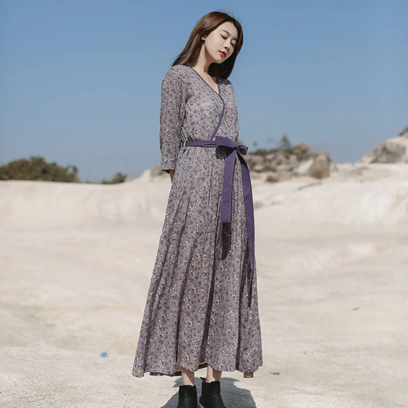 

LZJN Spring Dresses 2020 Vintage Cotton Linen Women Floral Dress Elegant V Neck Boho A-Line Belt Maxi Dressess Sarafan Elbise