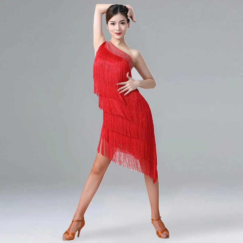 Women Dance Clothes Ballroom Samba Drilled Fringes Costume Oblique Shoulder Party Tassels Dresses Stretchy One-piece Latin Dress