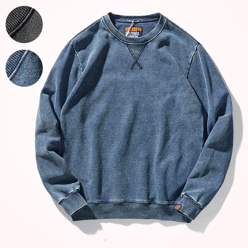 Autumn New American Retro O-neck Hoodies Men's Fashion Pure Cotton Washed Old Knitted Denim Terry Casual Pullover Sweatshirts