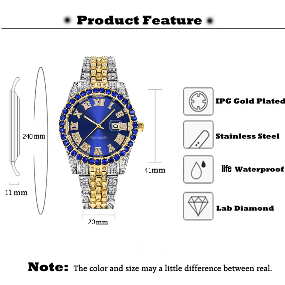 Iced Out Watch 남성 힙합 럭셔리 빅 록스/로마 숫자 패션 쿼츠 남성용 시계 방수 블링 다이아몬드 Relogio xfcs