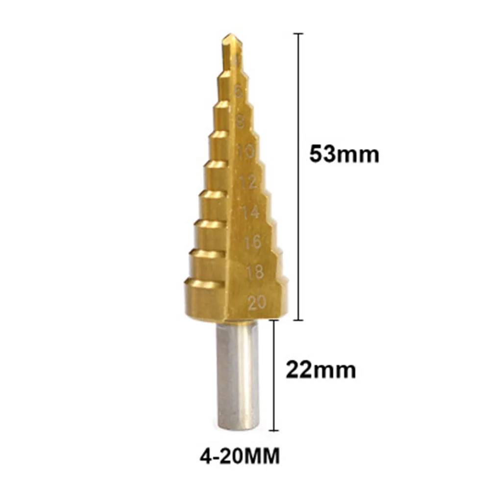 Broca escalonada recubierta de Titanio HSS, herramientas eléctricas de perforación para Metal, acero de alta velocidad, cono cortador de agujeros de madera, 4-12, 4-20, 4-32mm