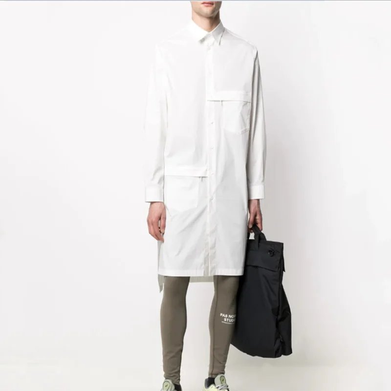 

Men's Long Sleeve Shirt Spring And Autumn New Lapel Pure Color Personality Symmetrical Horizontal Stripe Design Long Shirt