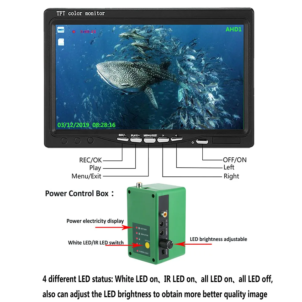 Buscador de peces de cámara de video de pesca submarina de 15 M / 30 M con pantalla HD DVR Record de 7 PULGADAS 15 Uds LED blancos + 15 Uds lámpara