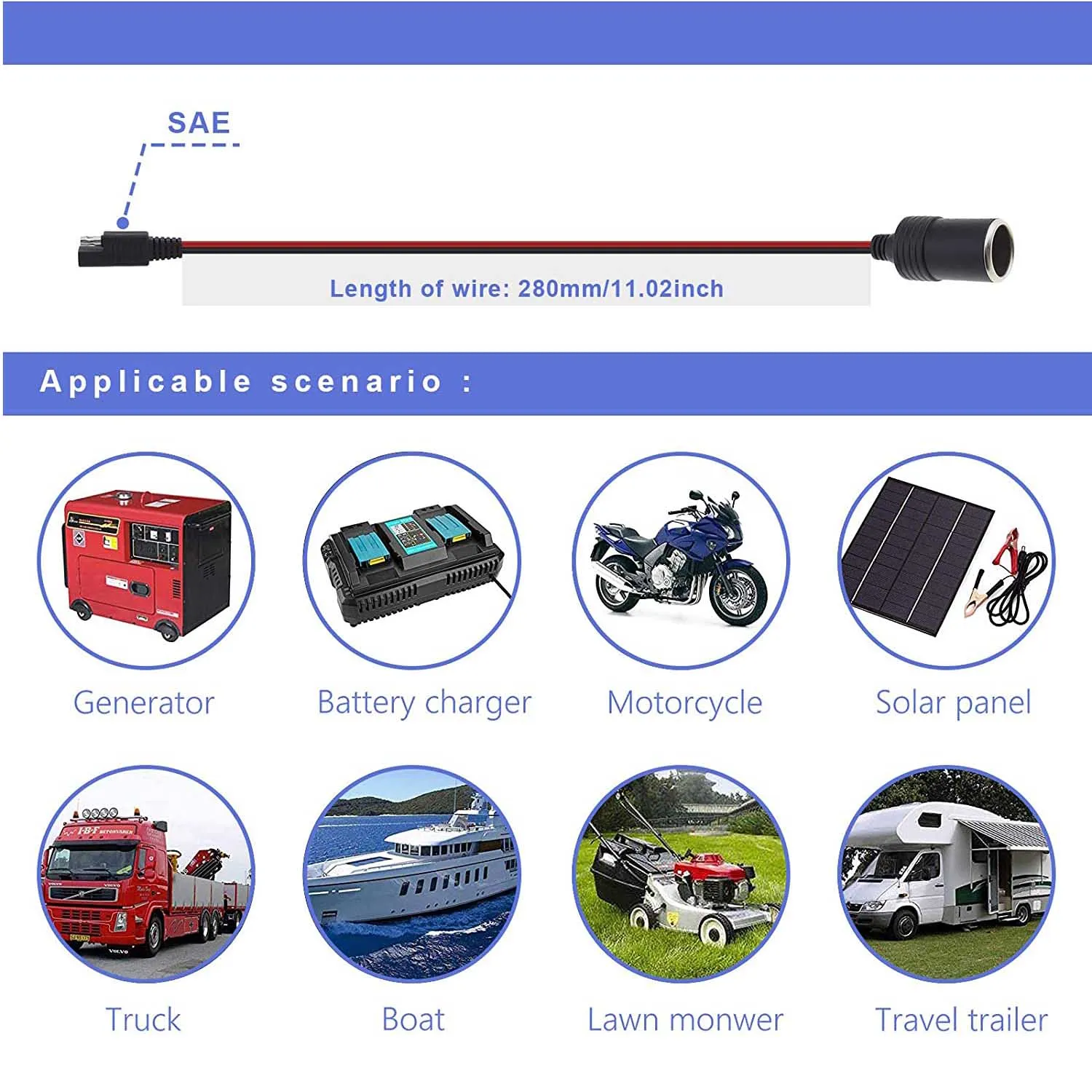 Soquete fêmea para isqueiro de carro, cabo de extensão de bateria para painel solar automotivo, desconexão rápida, 14awg 30cm