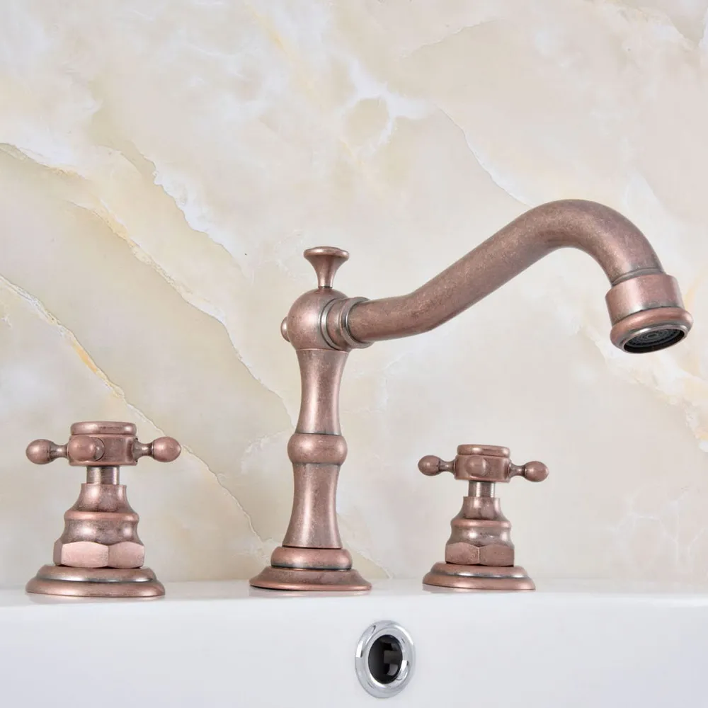 Vintage Retro Roman Red Antique Copper 2 Cross Handles Widespread 3 holes Bathroom Vessel Sink Faucet Cold/Hot Water Tap asf630