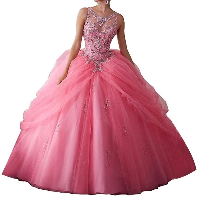 Pink Princess Girls Sweet 16 Quinceanera Dresses Sheer Neck Sequined Crystal Wedding Prom Gowns for Women vestido de fiesta