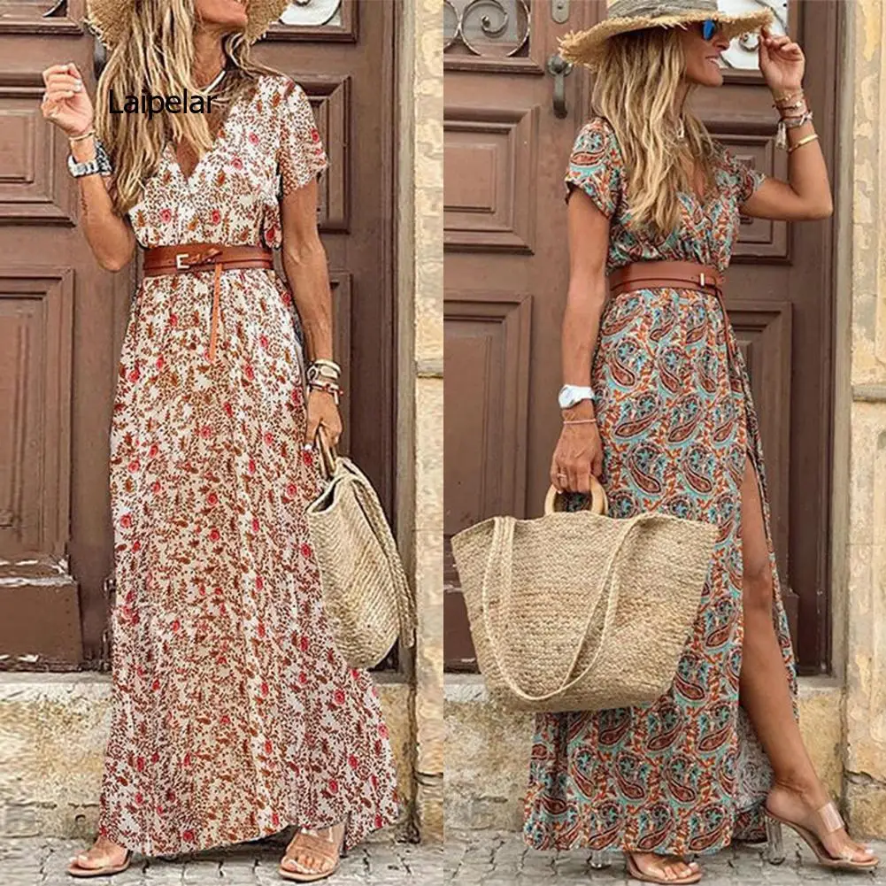 

Boho Women V Neck Short Sleeve Paisley Print Belt Large Hem Beach Long Dress print dress summer beach dress with belt