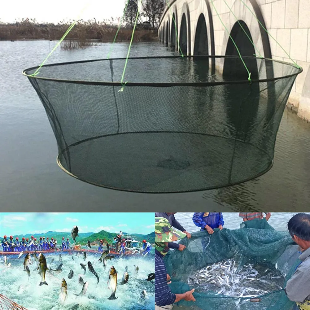 80/100CM Foldable Hanging Wire Fishing Net Steel Wire Mesh Fish Cage Bait Crab Shrimp Pier Pond Shrimp Minnow Trap Dip Mesh