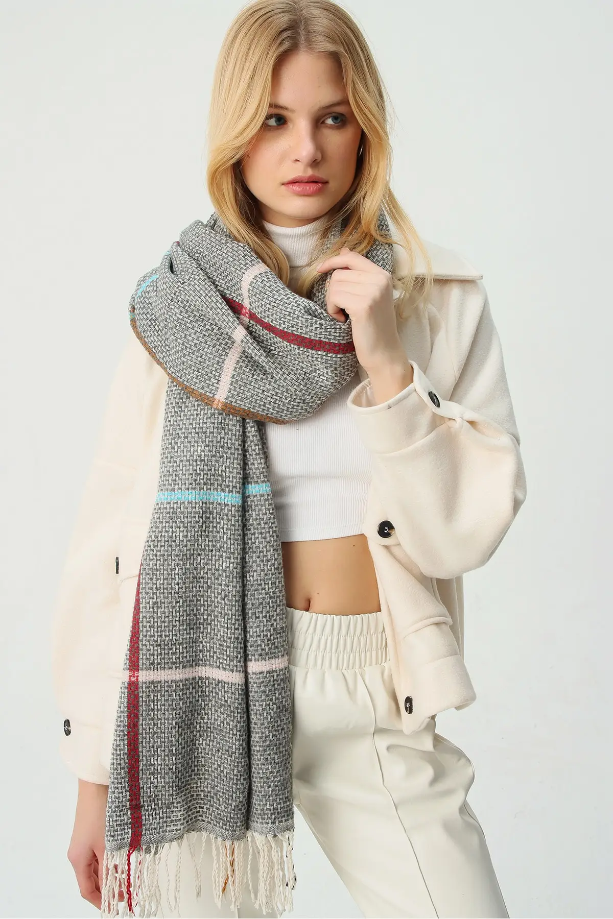 Women's Gray Wool Blended Pattern Shawl ALC-A2068