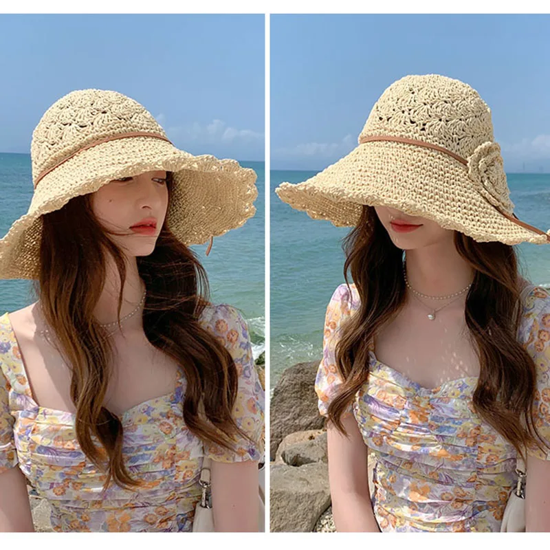 2021 FASHION Summer New Women\'s Sun Hat Bucket cap beige lace Bowknot Flowers Ribbon Flat top Panama soft Straw Hat Beach Caps