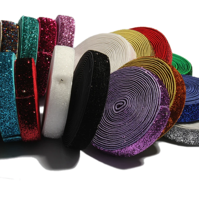 5yards 5/8\'\' 1.5CM Wide Glitter Elatic Fold Over Elastic For Headbands Apparel Wedding Party Ribbon Stretch FOE Sewing Cloth