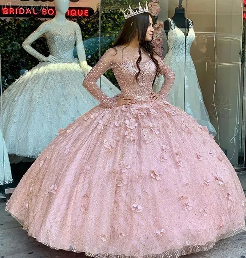 Vestido de baile de quinceañera, ropa de novia de manga larga, dulce vestido de 16 años, color oro rosa